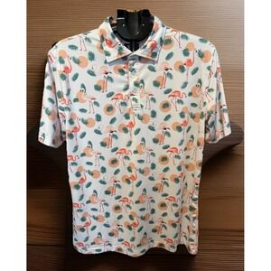 Waggle Mens Large Golf Shirt Flamingos Tropical All Over Print Stretch Wicking